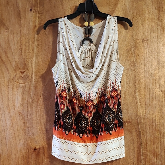 Cato Tops - Cato Cowl Neck Tank Halter Tie-Neck Cream Orange Brown Beaded Ikat Chevron Med